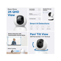 Smart home security camera with features listed on a white background