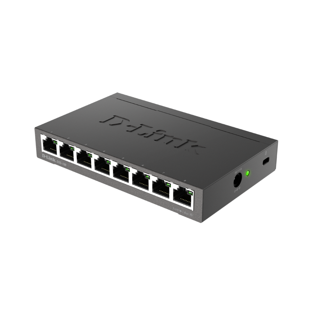 Network switch with eight ports on a white background
