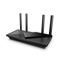 Black router with multiple antennas on a white background