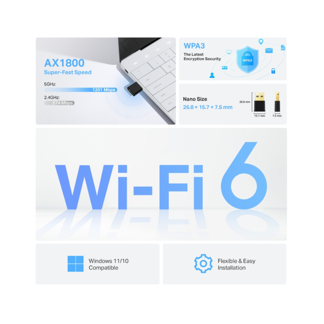Wi-Fi 6 router packaging with specifications and features on a white background