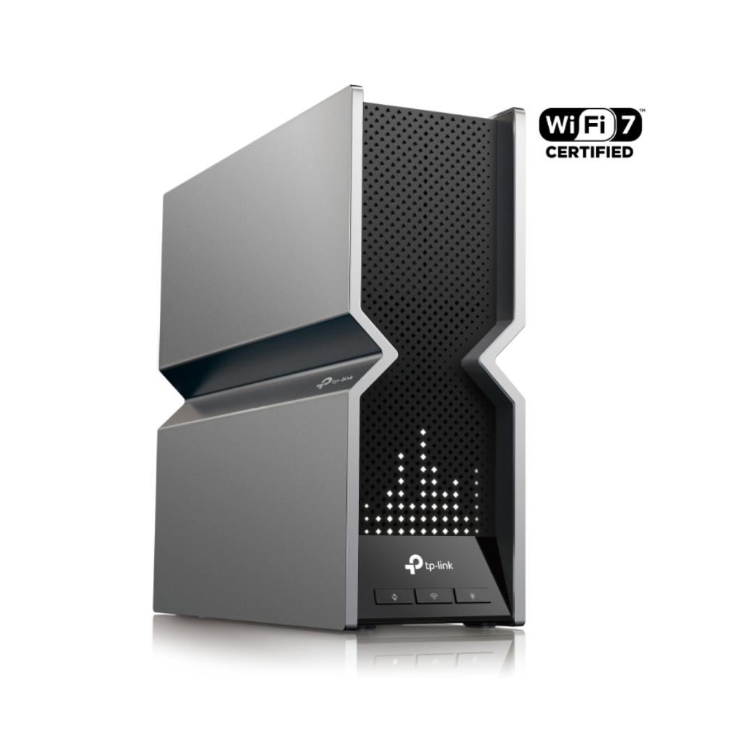 Wireless router with TP-Link branding and WiFi 7 certification badge on a white background