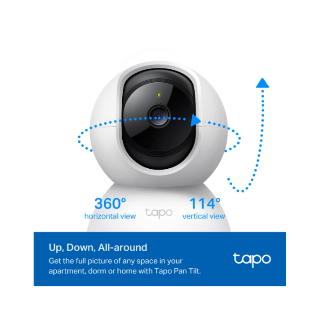 Tapo Pan Tilt camera with 360° horizontal and 114° vertical view on a white background