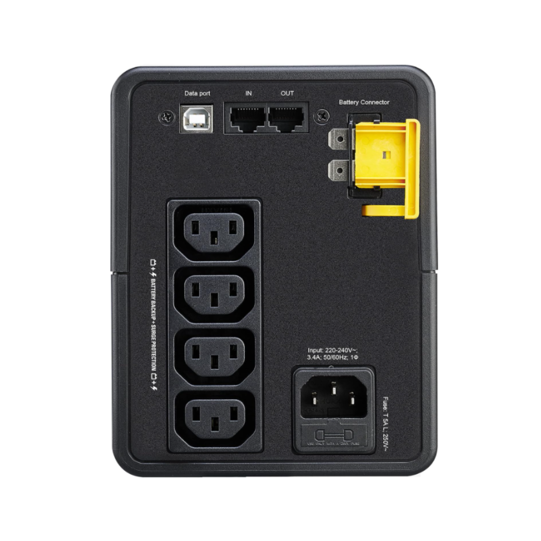 Back view of a power station with multiple outlets and connectors on a white background