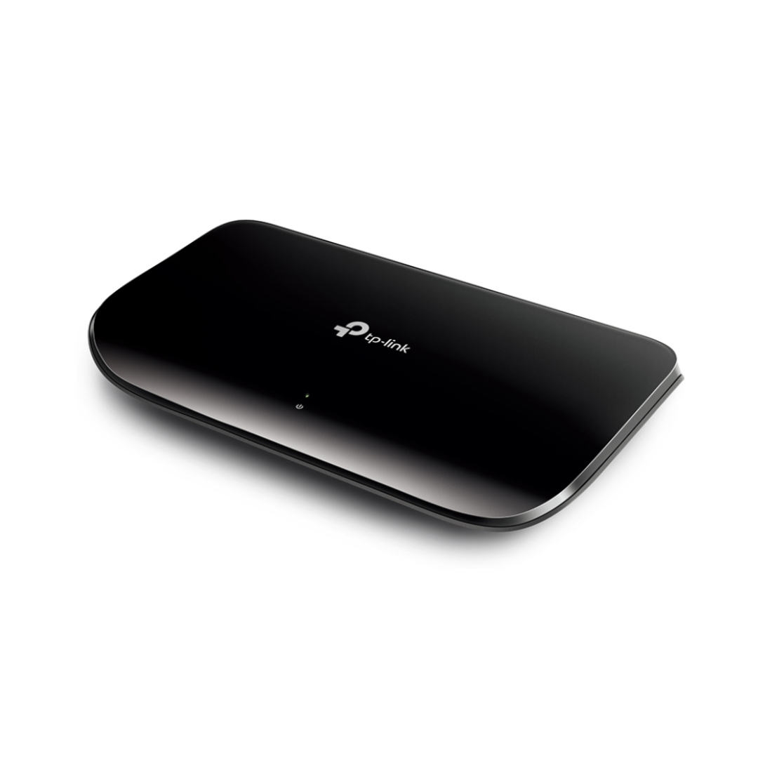 Black TP-Link router on a white background