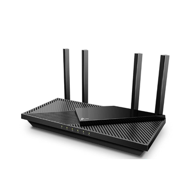 Black router with multiple antennas on a white background