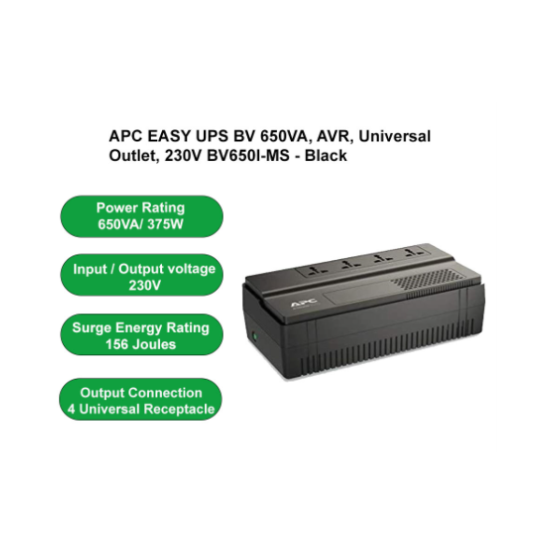 APC Easy UPS BV 650VA power supply on a white background with specifications listed.