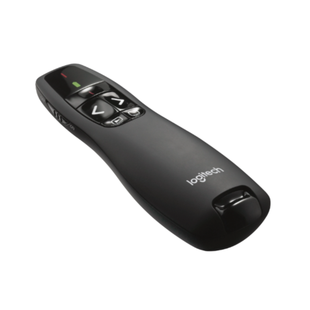 Black Logitech remote control on a white background