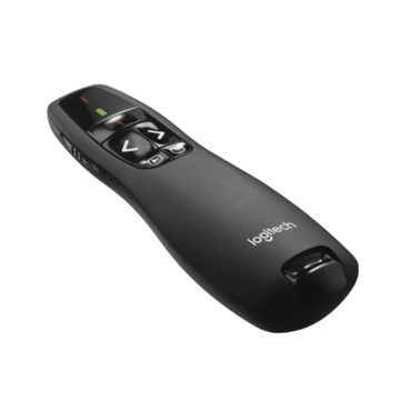 Black Logitech remote control on a white background