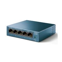 Blue network switch with five Ethernet ports on a white background