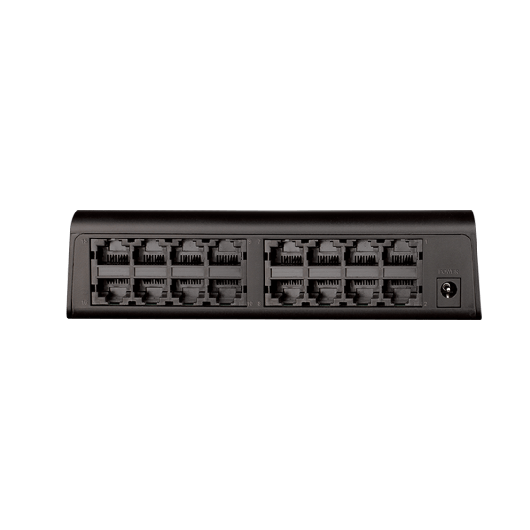 Black Ethernet switch panel with multiple ports on a white background
