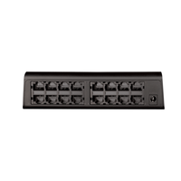 Black Ethernet switch panel with multiple ports on a white background