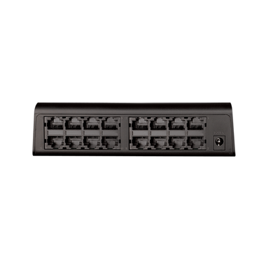 Black Ethernet switch panel with multiple ports on a white background