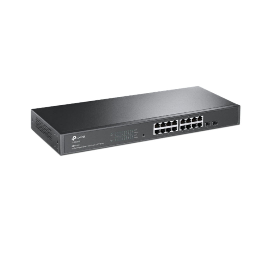 Black network switch with multiple ports on a white background