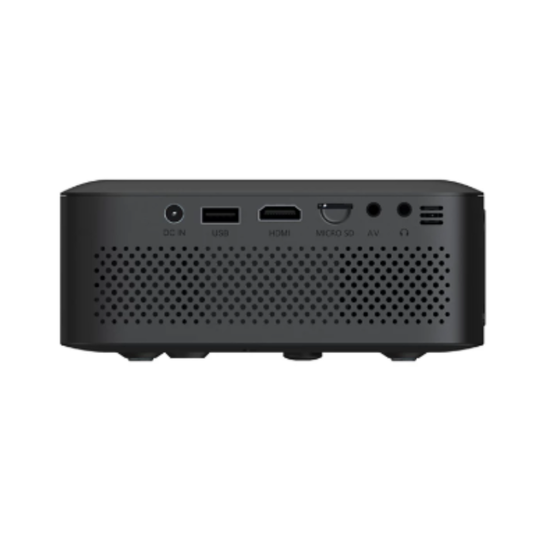 Black electronic device with ports on a white background