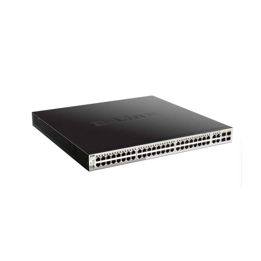 Black network switch with multiple ports on a white background