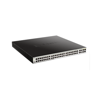 Black network switch with multiple ports on a white background