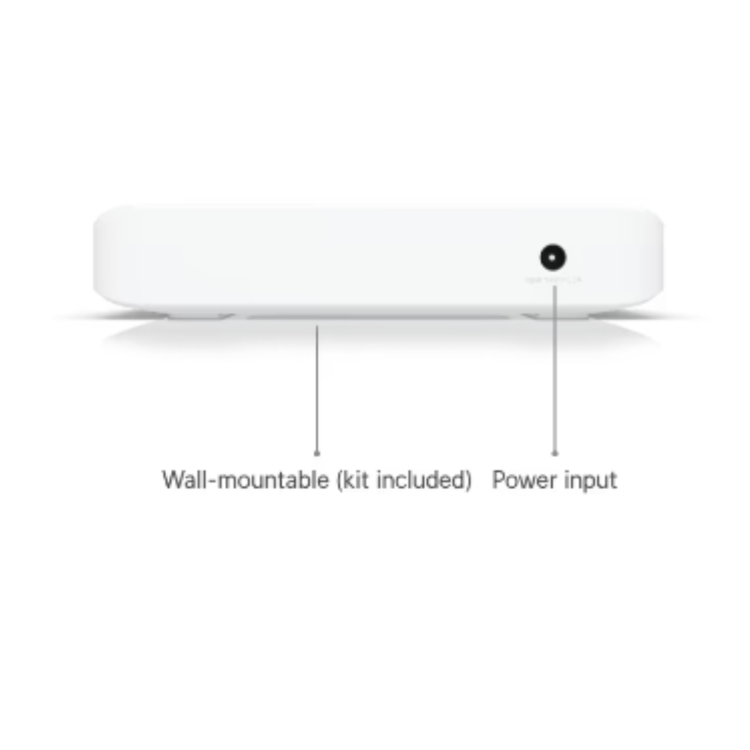 White wall-mounted device with power input labeled on a white background