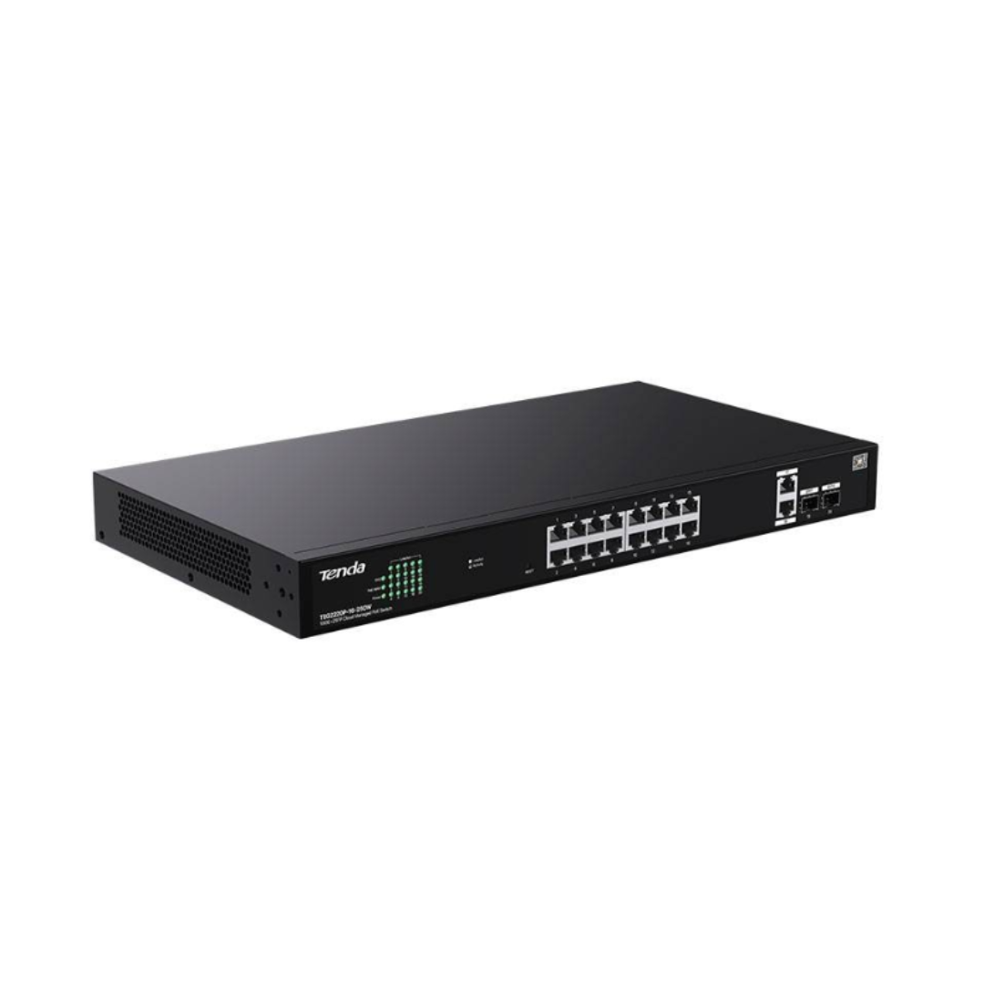 Black network switch with multiple ports on a white background