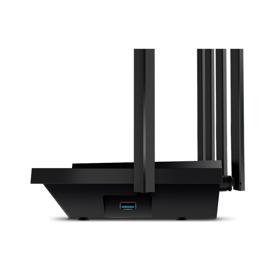 Black router with multiple antennas on a white background