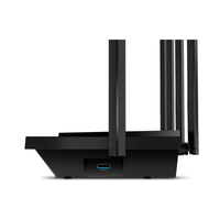 Black router with multiple antennas on a white background