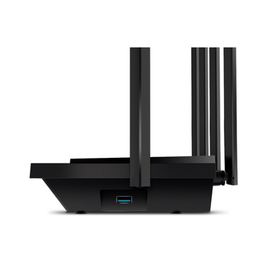 Black router with multiple antennas on a white background