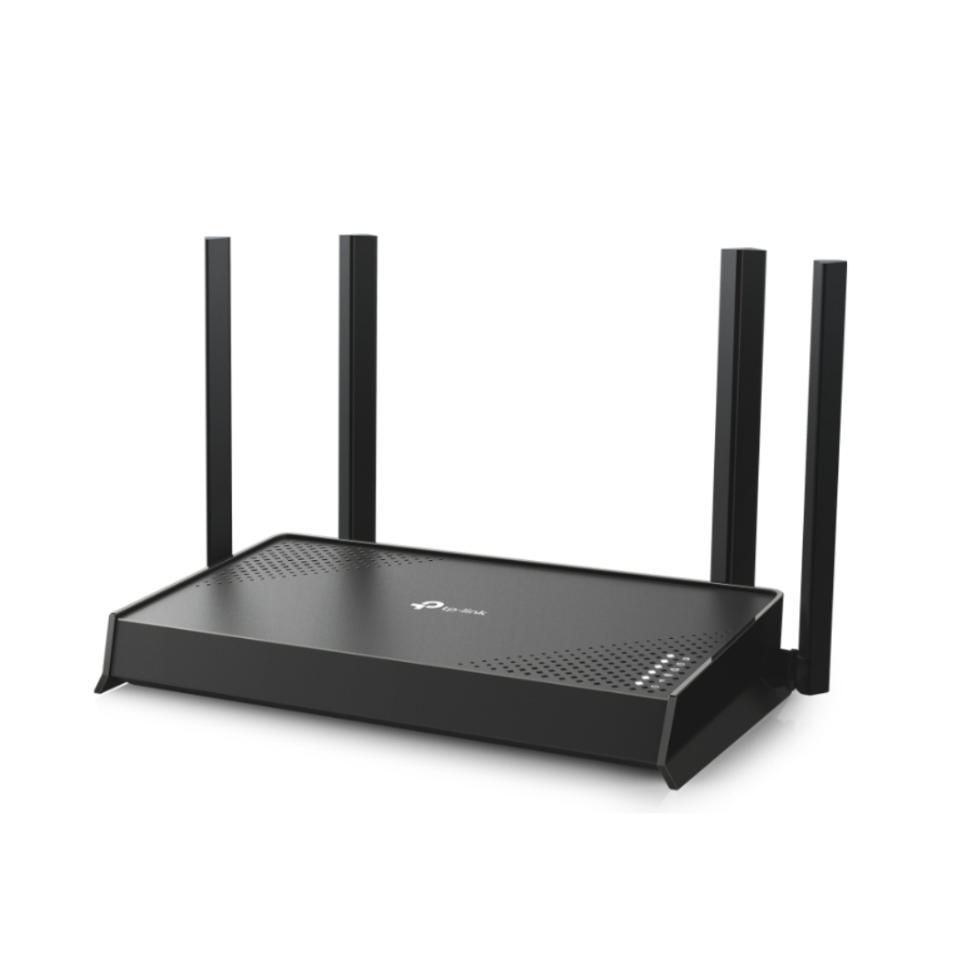 Black router with multiple antennas on a white background