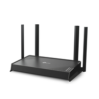 Black router with multiple antennas on a white background