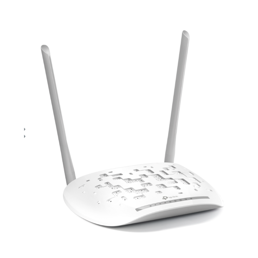 White wireless router with antennas on a white background