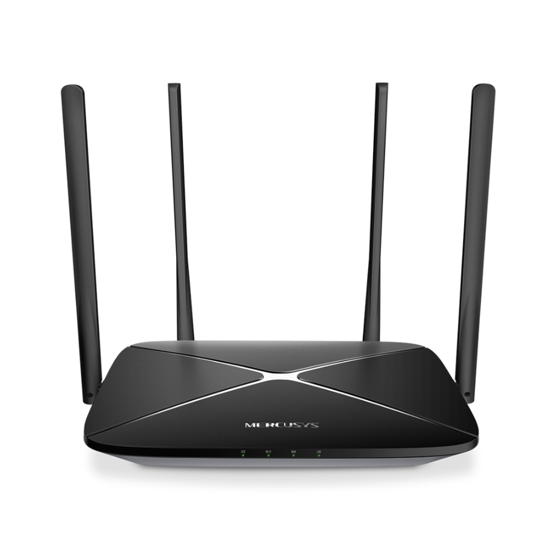Black router with four antennas on a white background