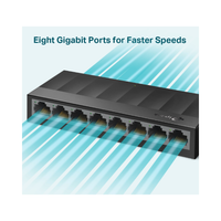 Network switch with eight gigabit ports on a light blue background