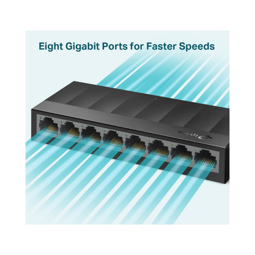 Network switch with eight gigabit ports on a light blue background