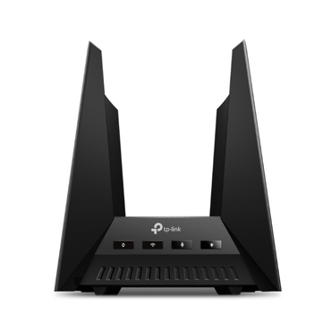Black TP-Link router on a white background