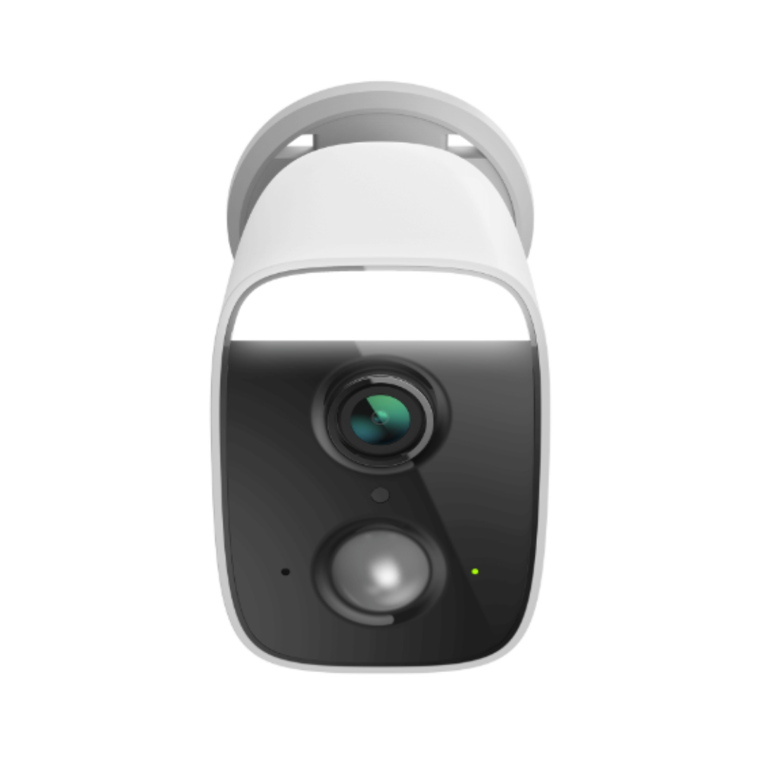 Smart camera with white and black design on a white background