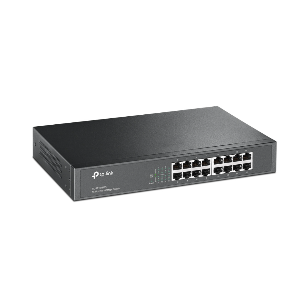 TP-Link network switch with 10 Ethernet ports on a white background