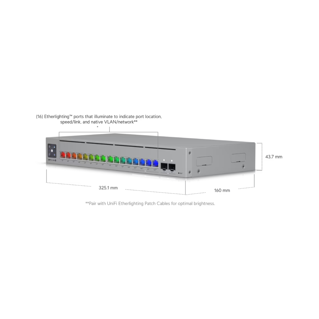 Network switch with illuminated ports and dimensions on a white background