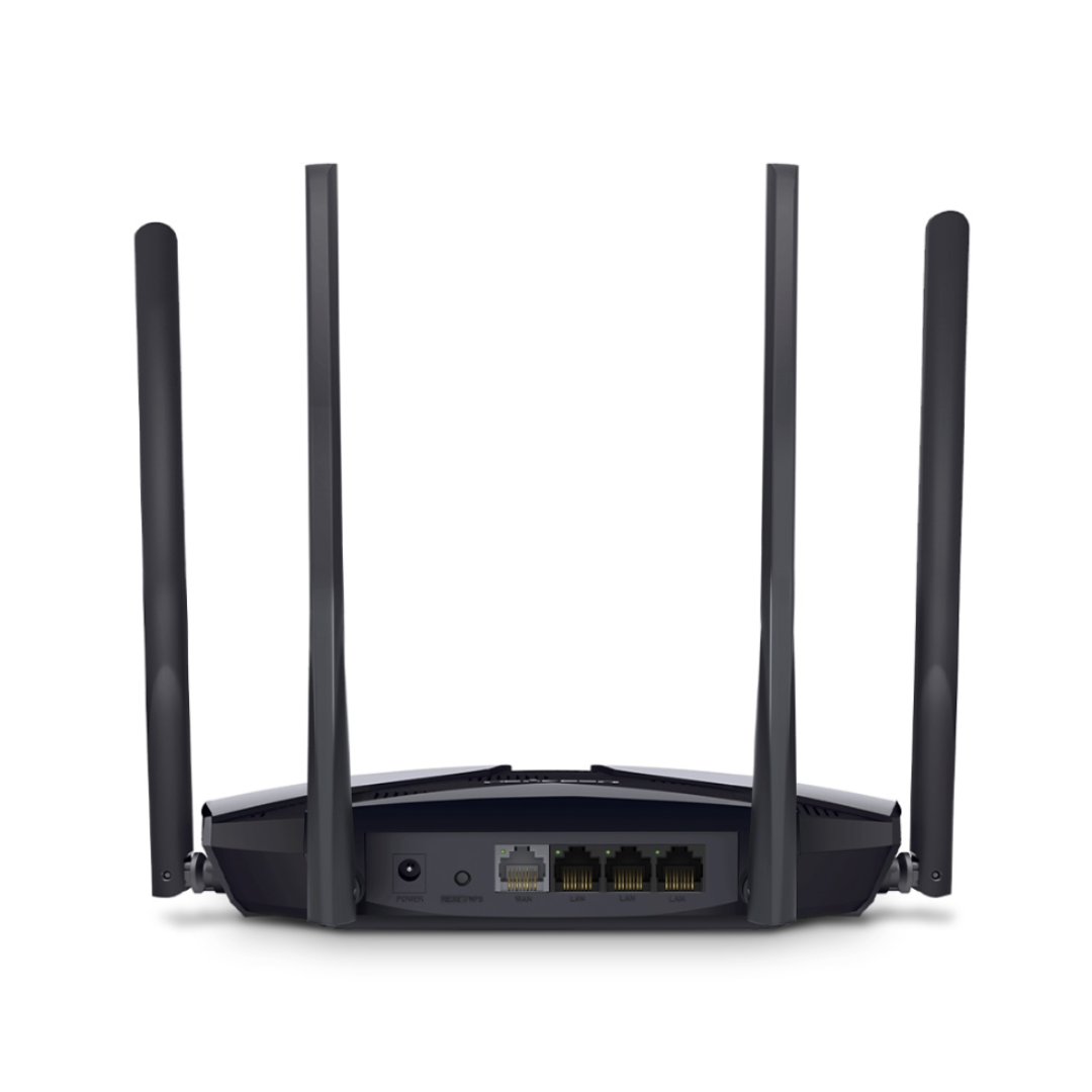 Black router with multiple antennas on a white background