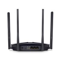 Black router with multiple antennas on a white background