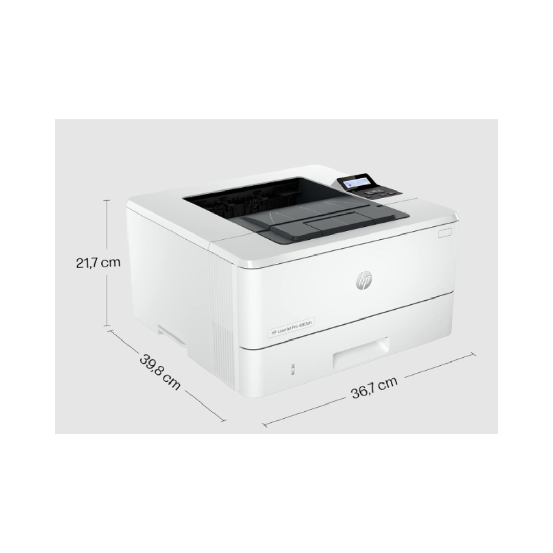 White printer with dimensions labeled on a white background