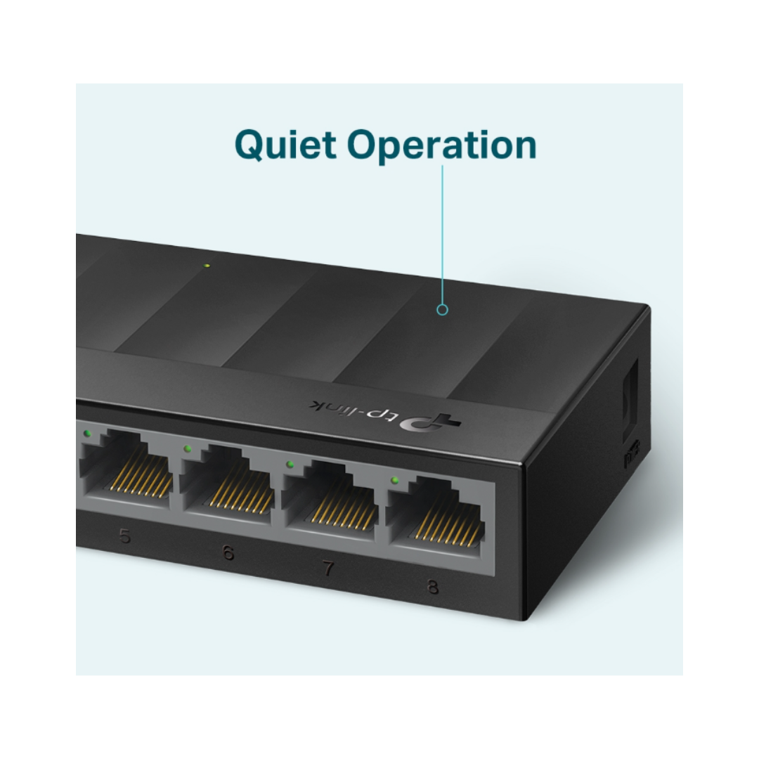 Network switch with TP-Link branding and 'Quiet Operation' label on a light blue background