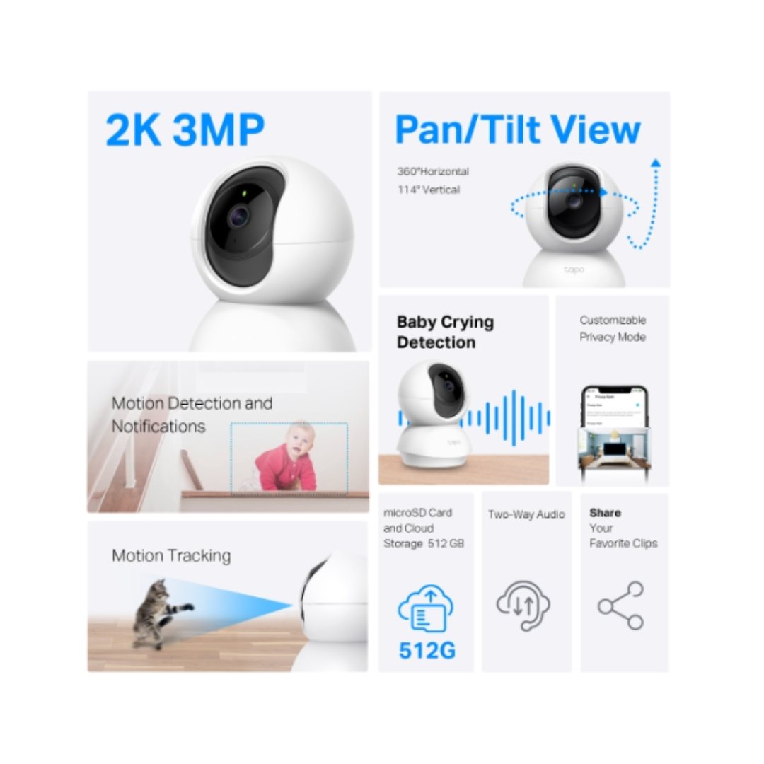 Smart home security camera with features like 2K resolution, pan/tilt view, and baby crying detection on a white background.