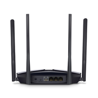 Black router with multiple antennas on a white background