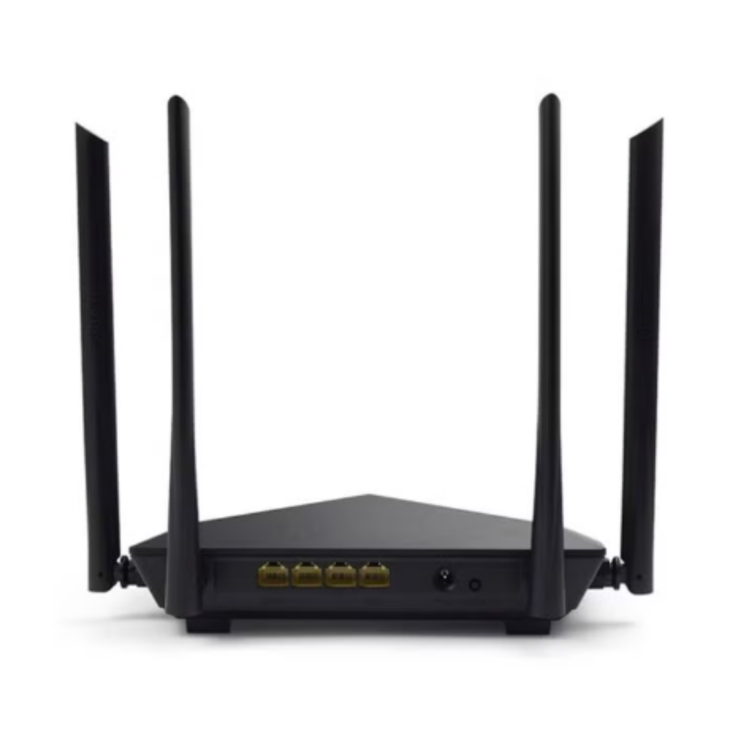 Black router with multiple antennas on a white background