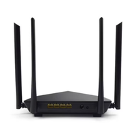 Black router with multiple antennas on a white background