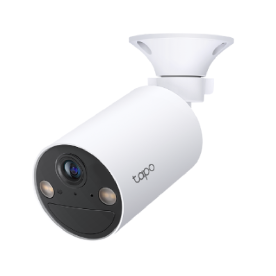 White security camera with black accents on a white background