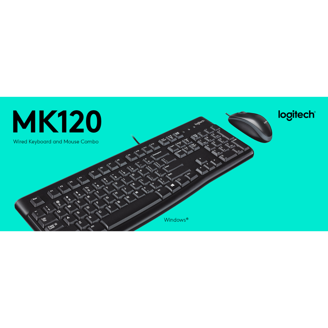 Logitech MK120 keyboard and mouse combo on a teal background