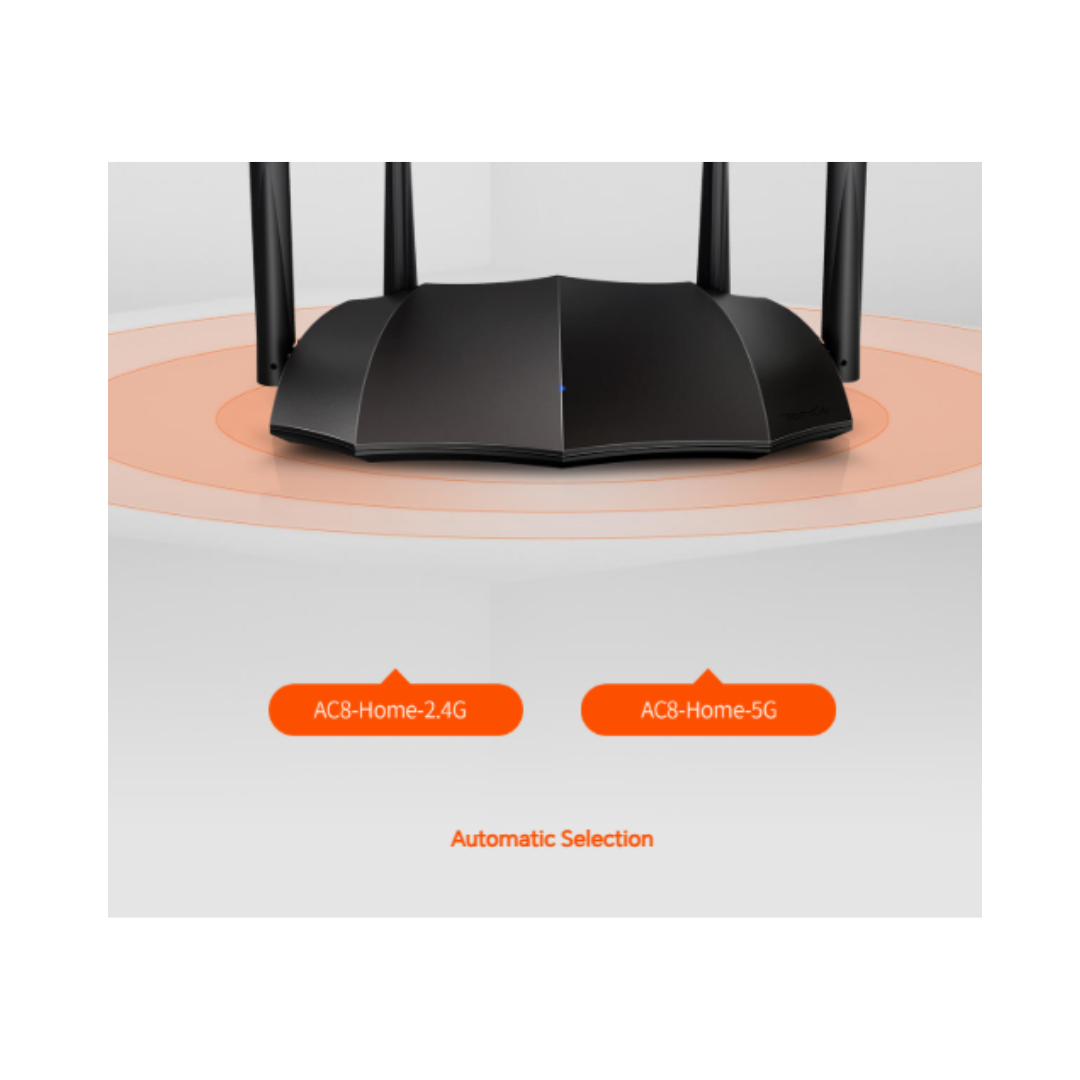 Black router with antennas on a white background