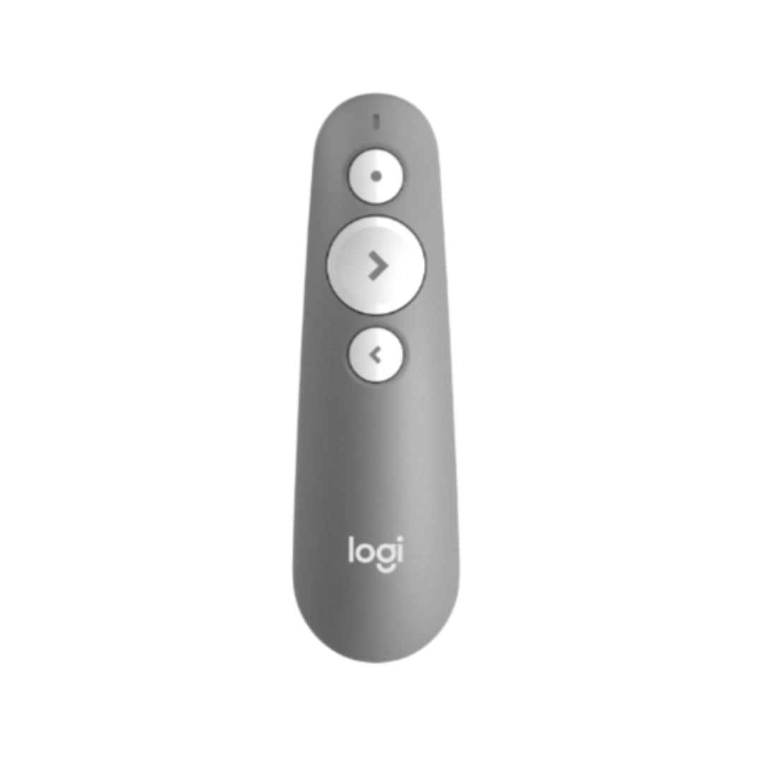 Gray remote control with Logitech logo on a white background