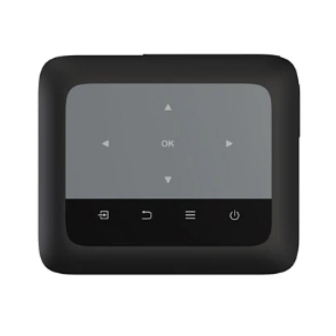 Black electronic device with a screen and control buttons on a white background