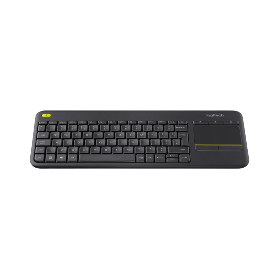 Black keyboard with touchpad on a white background