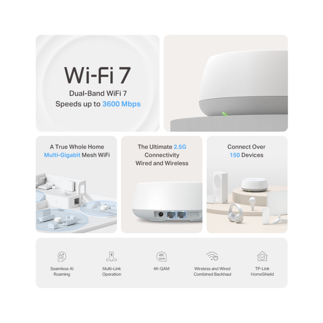 Advertisement for Wi-Fi 7 technology with product images and features listed.